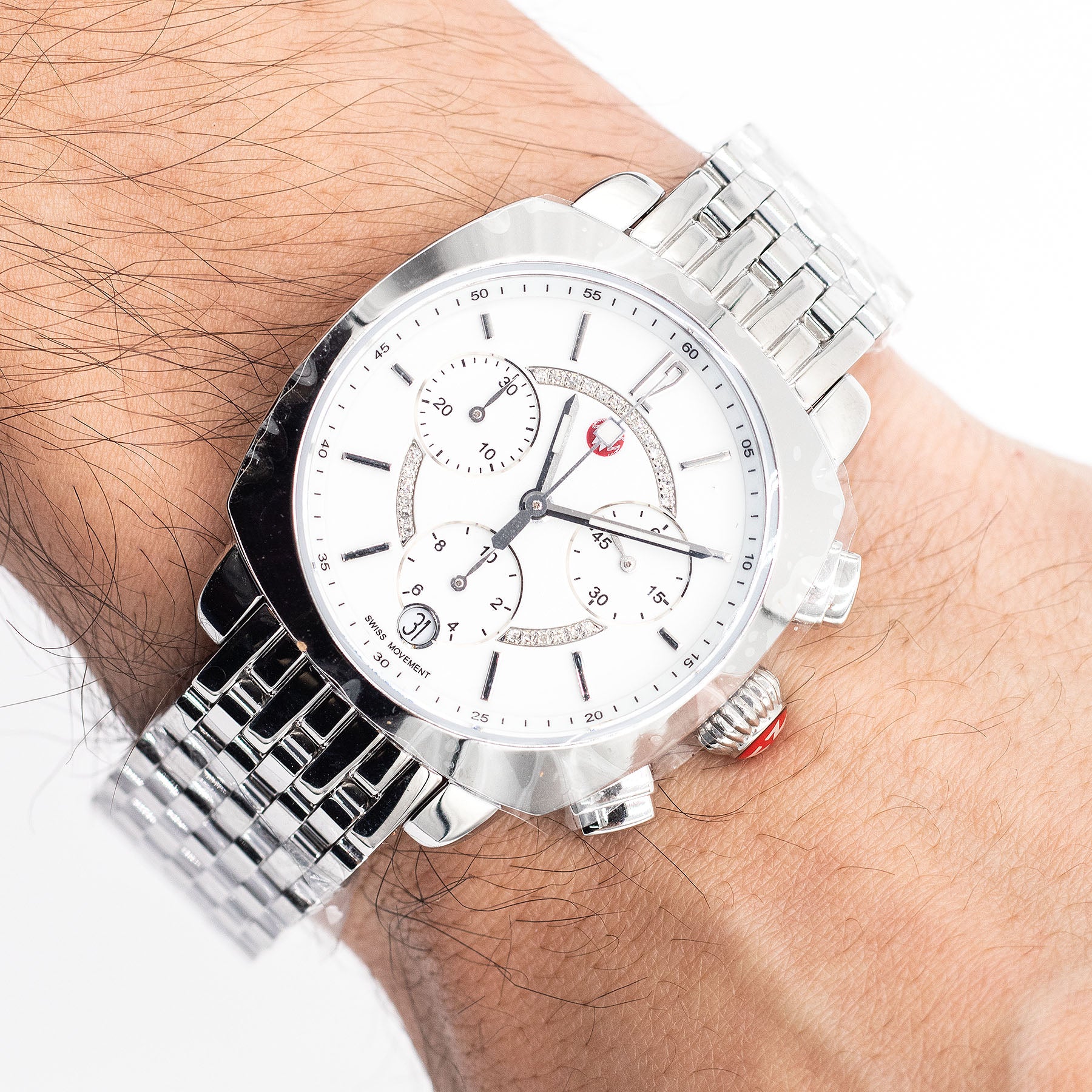 Michele Silver-Tone Stainless Steel Chronograph Watch with White Dial MICHELE Deco Diamond Chronograph Bracelet Watch, 33mm (Women  main image 2