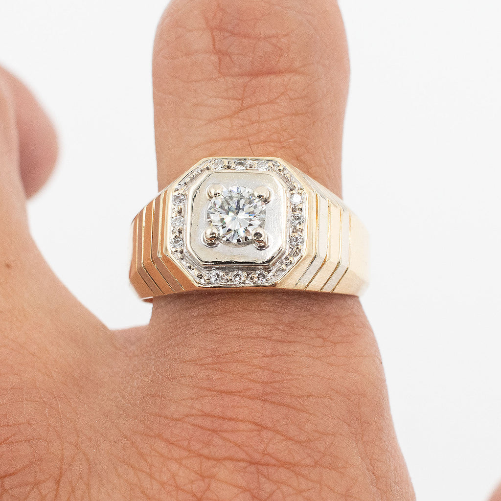 14k Yellow Gold Round Diamond Mens Wide Ring