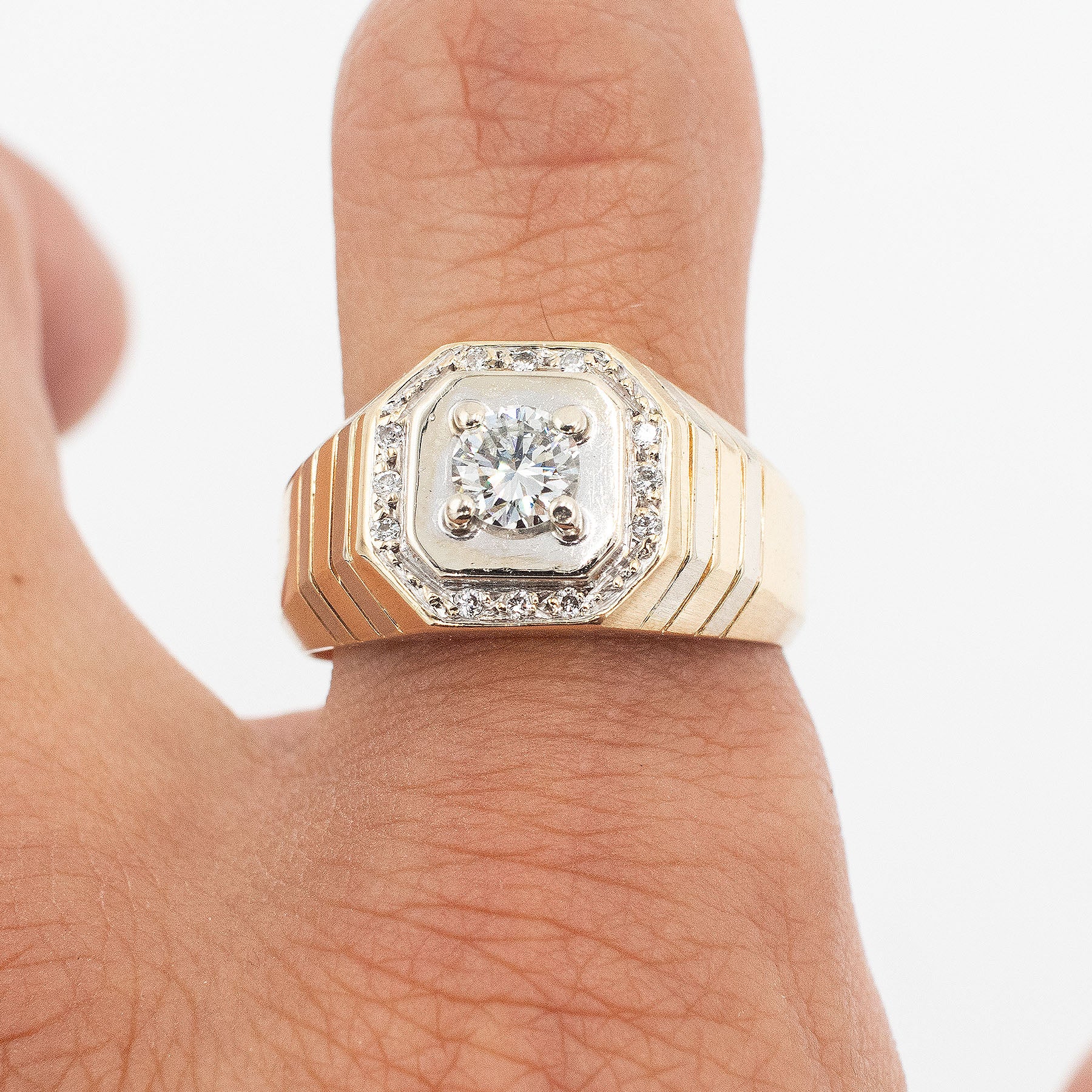 14k Yellow Gold Round Diamond Mens Wide Ring