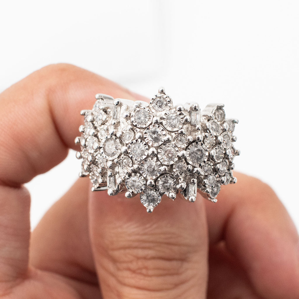 10k White Gold Round & Baguette Wide Cluster Ring