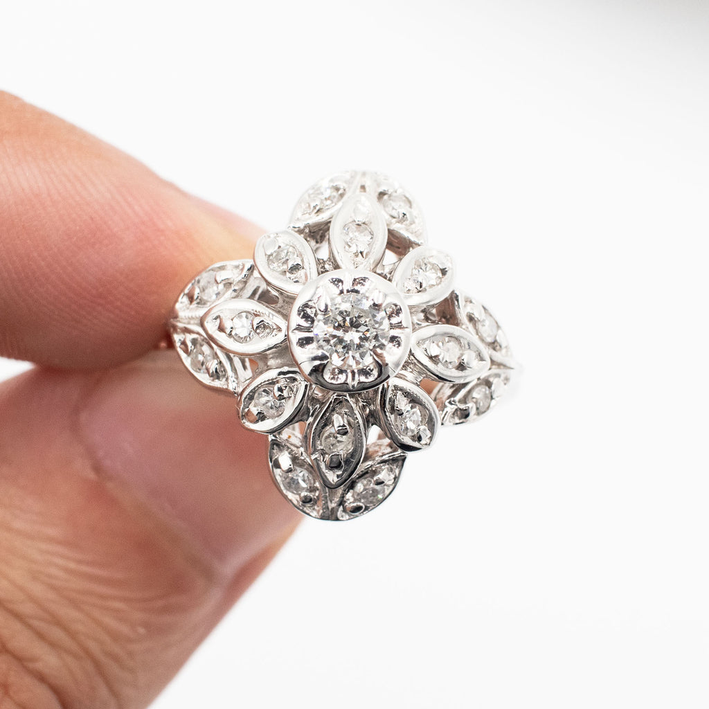 14k White Gold Flower Style Dome Diamond Ring