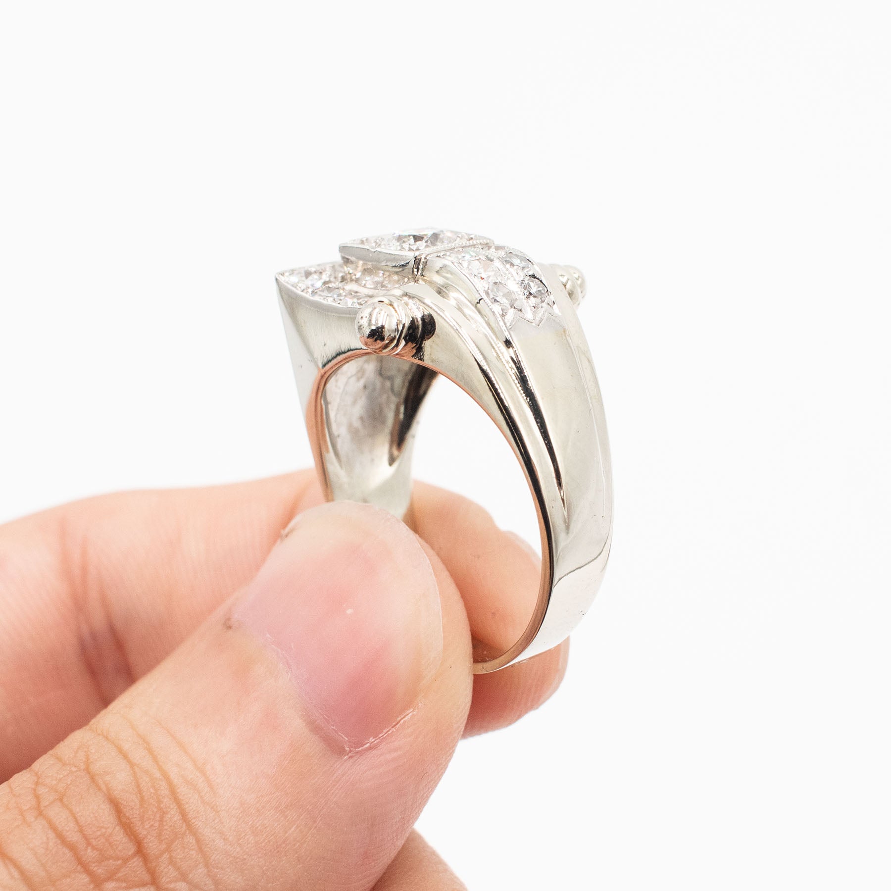 14k White Gold Euro Cut Diamond Pave Wide Ring