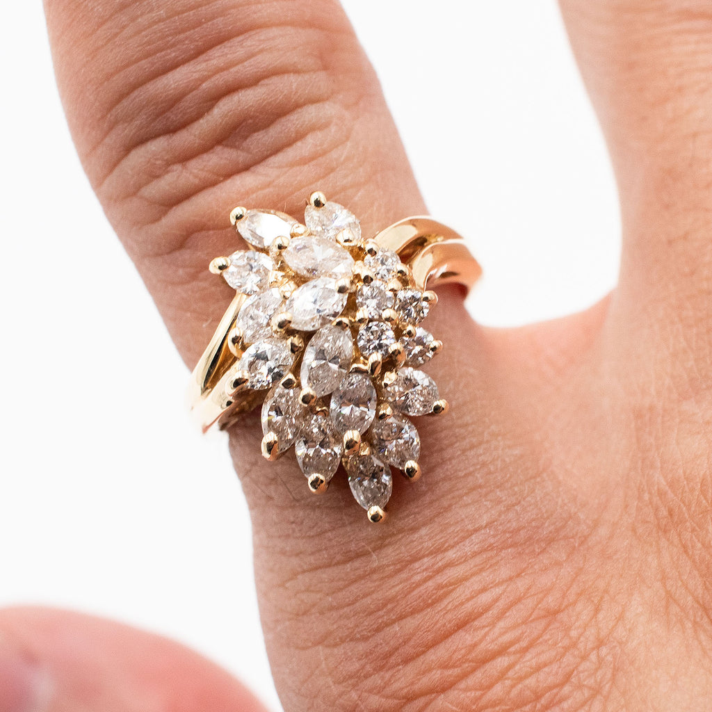 14k Yellow Gold 1.25ctw Marquise & Round Diamond Cluster Ring