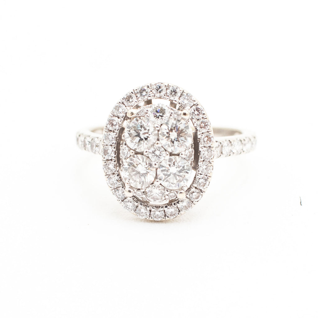14k White Gold Round Cut Diamond Pave Halo Oval Ring