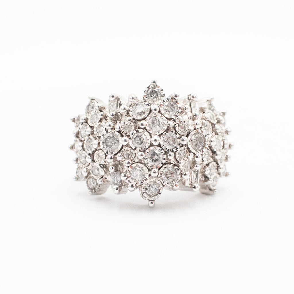 10k White Gold Round & Baguette Wide Cluster Ring