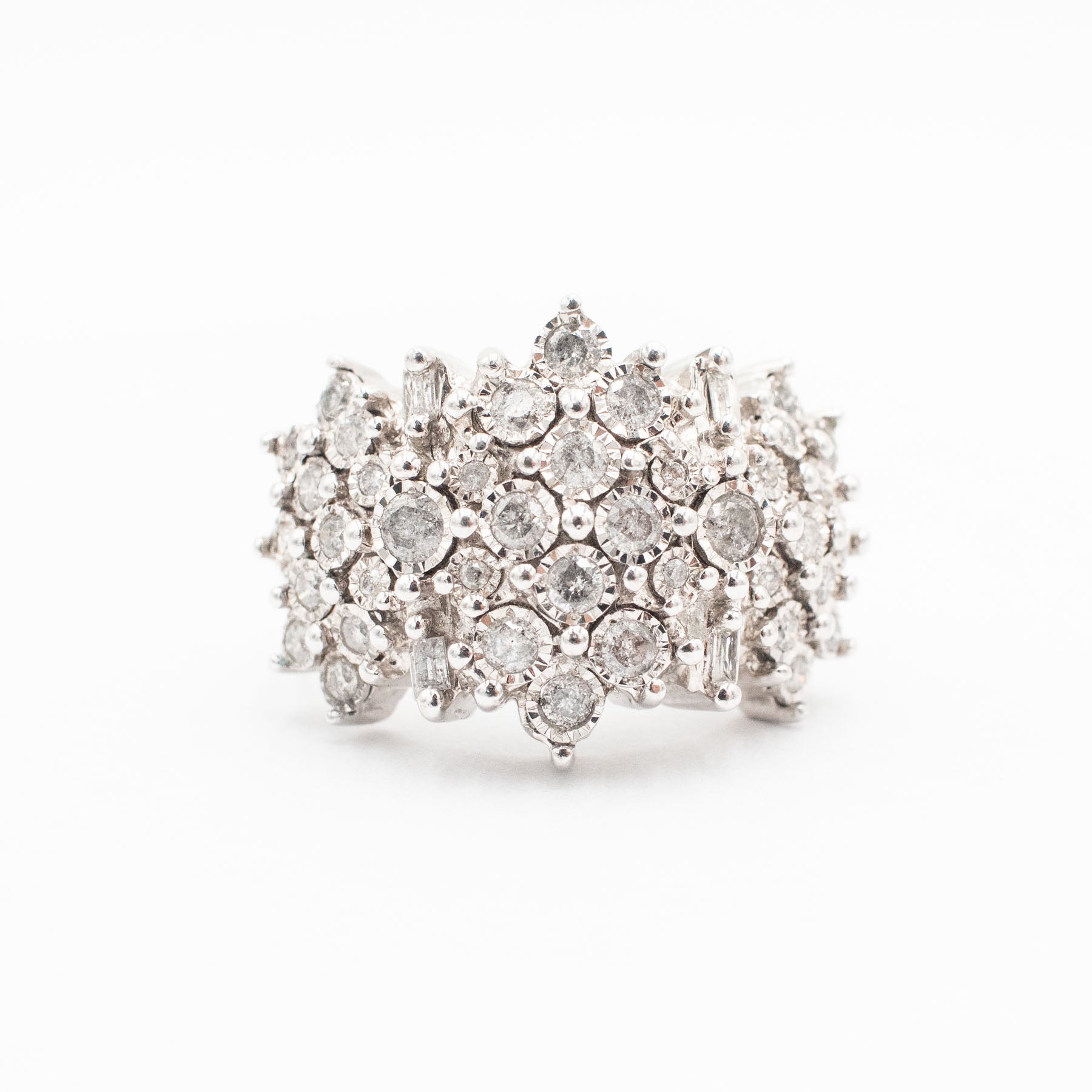 10k White Gold Round & Baguette Wide Cluster Ring