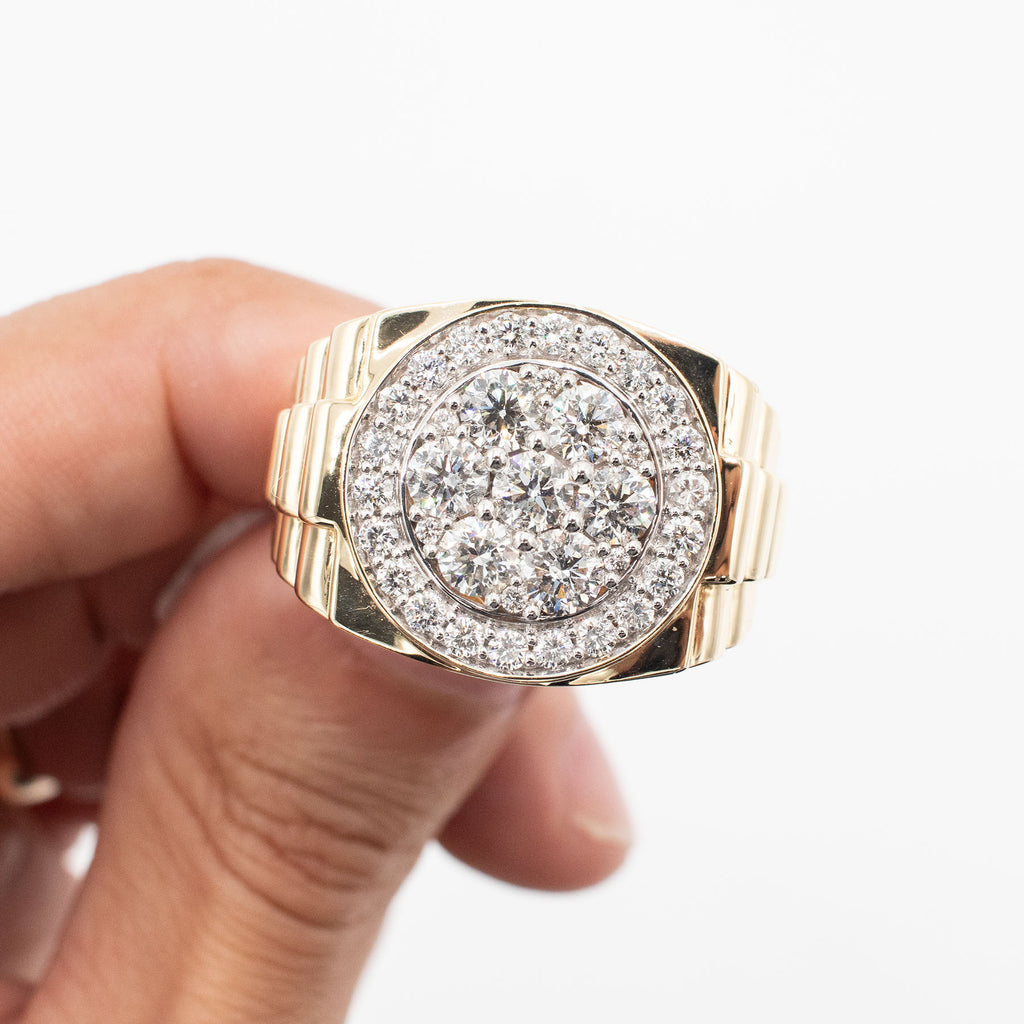 14k Yellow Gold Watch Style Diamond Cluster Wide Ring