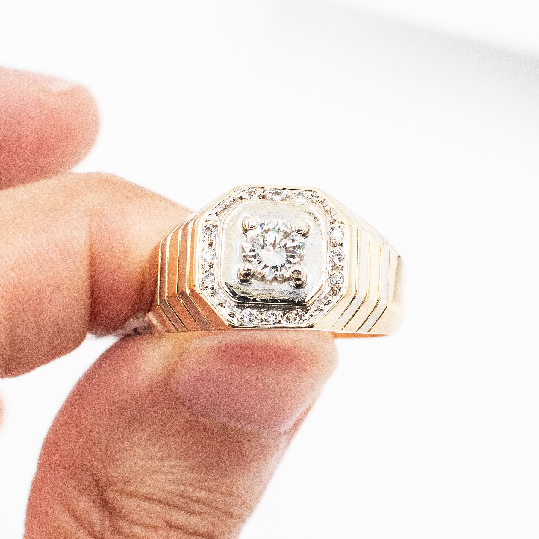 14k Yellow Gold Round Diamond Mens Wide Ring