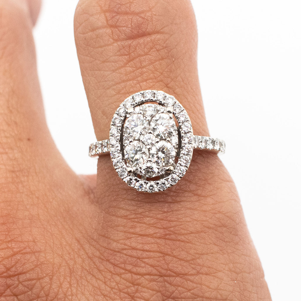 14k White Gold Round Cut Diamond Pave Halo Oval Ring