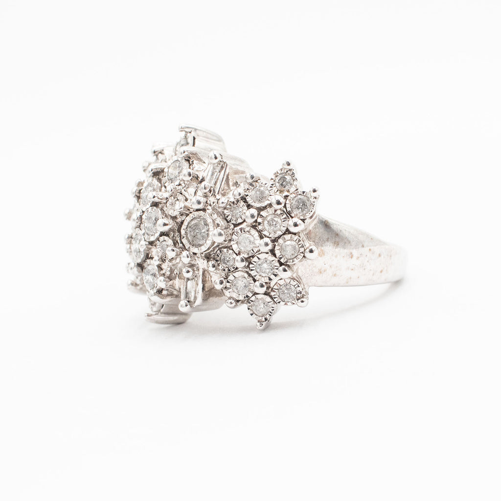 10k White Gold Round & Baguette Wide Cluster Ring