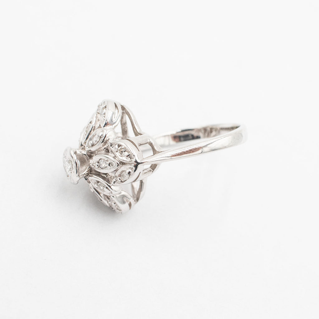 14k White Gold Flower Style Dome Diamond Ring