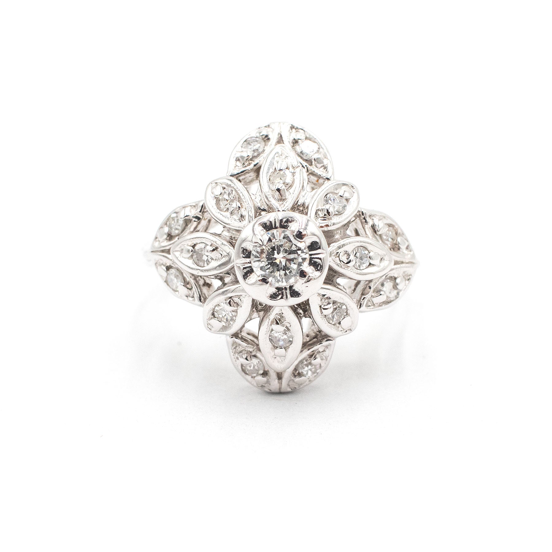14k White Gold Flower Style Dome Diamond Ring