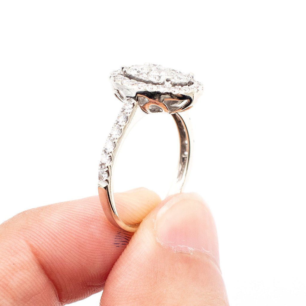 14k White Gold Round Cut Diamond Pave Halo Oval Ring