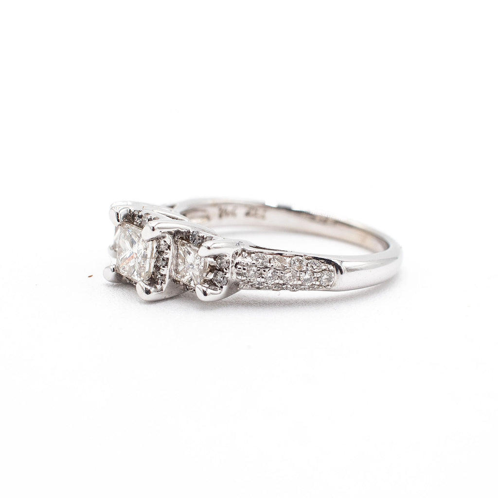 14k White Gold 1.60ctw Princess Cut Three Stone Diamond Pave Ring