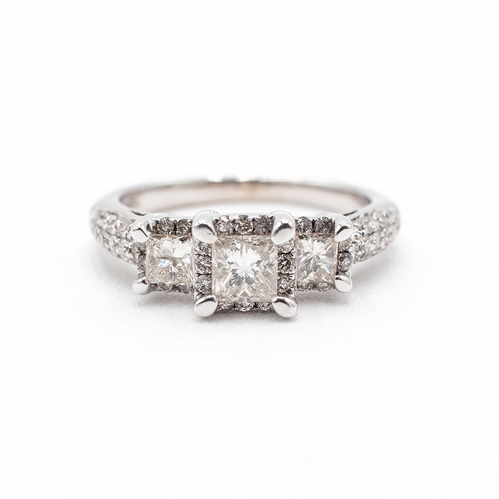 14k White Gold 1.60ctw Princess Cut Three Stone Diamond Pave Ring