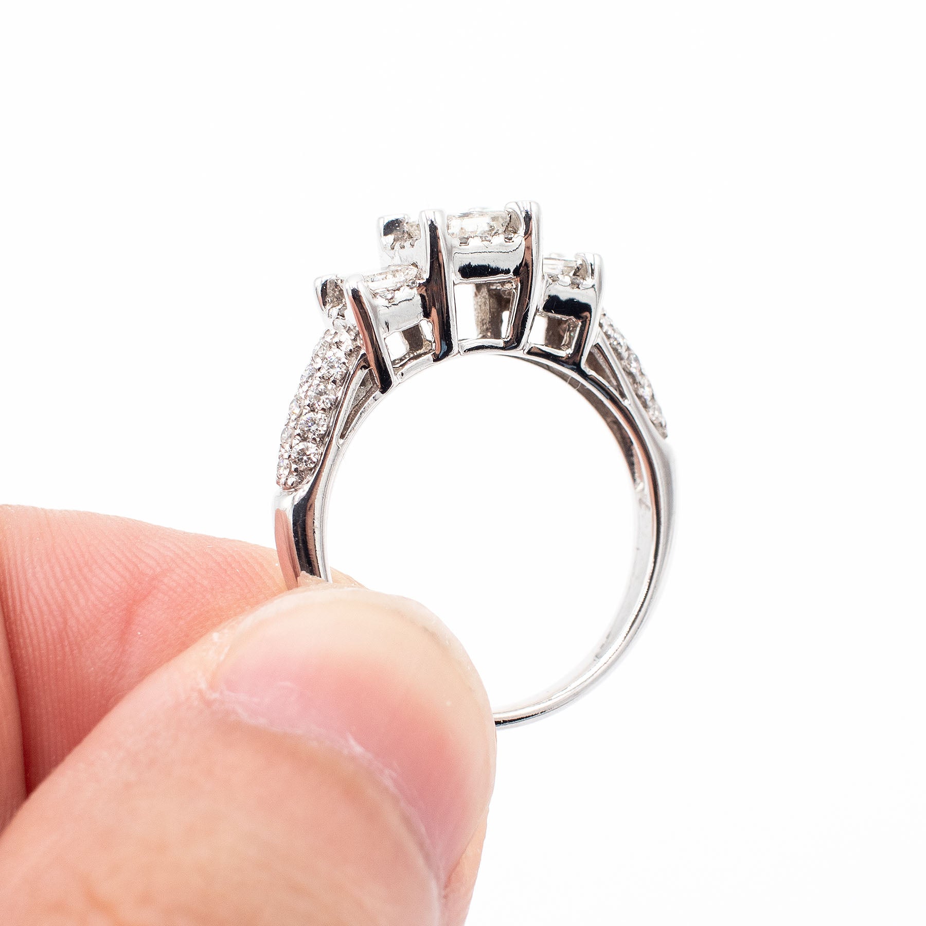 14k White Gold 1.60ctw Princess Cut Three Stone Diamond Pave Ring