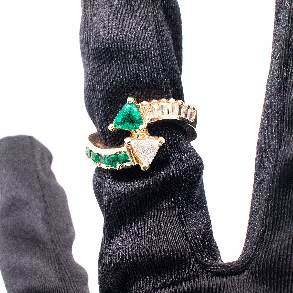 14k Yellow Gold Trillion Emerald & Diamond Overpass Ring