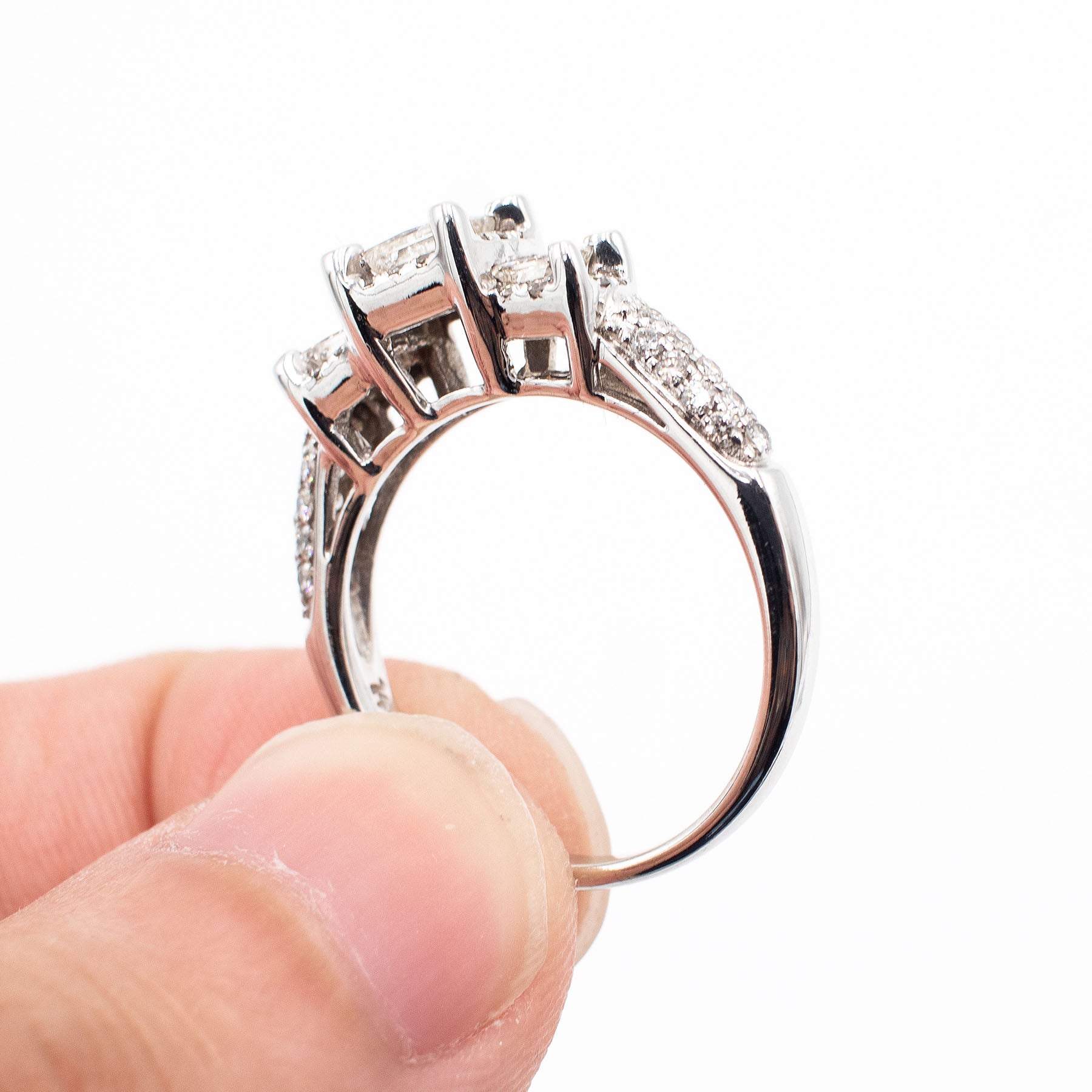 14k White Gold 1.60ctw Princess Cut Three Stone Diamond Pave Ring