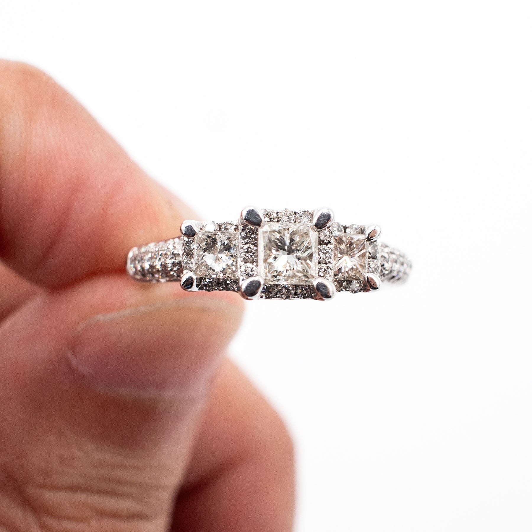 14k White Gold 1.60ctw Princess Cut Three Stone Diamond Pave Ring