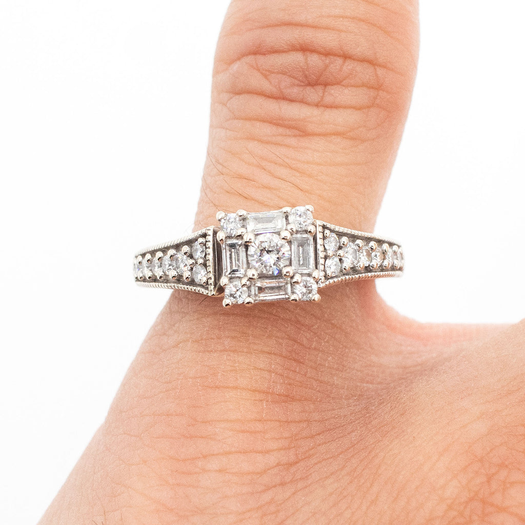 14k White Gold Round & Baguette Diamond Engagement Ring