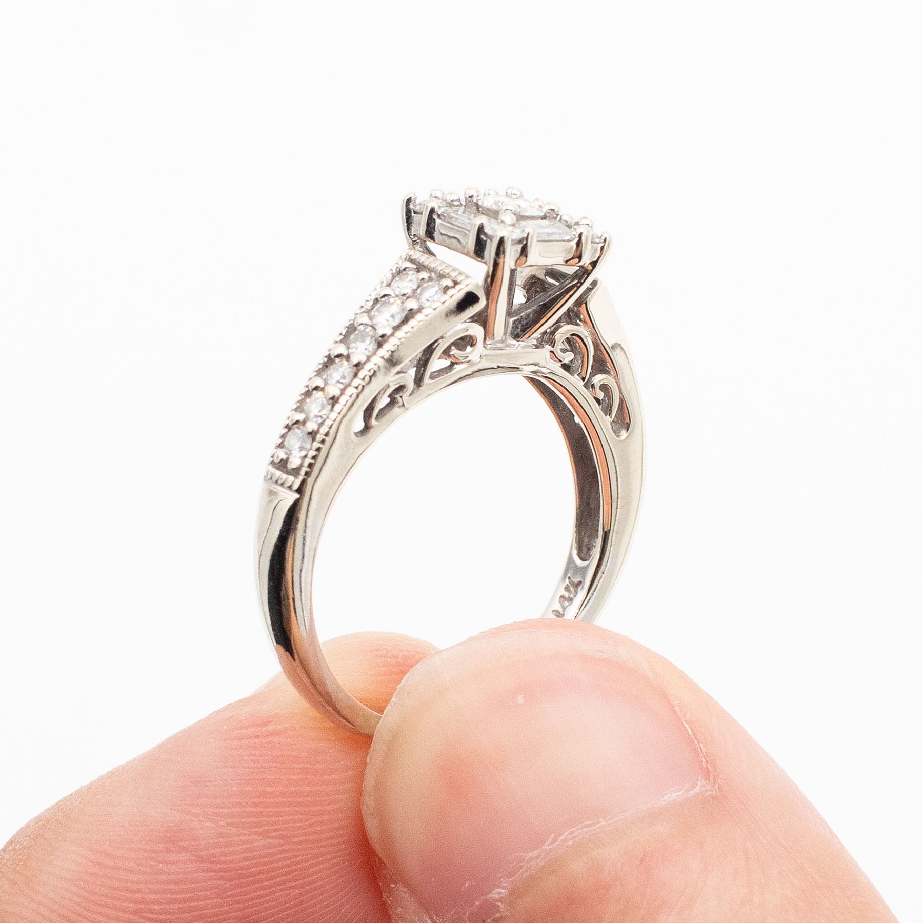 14k White Gold Round & Baguette Diamond Engagement Ring