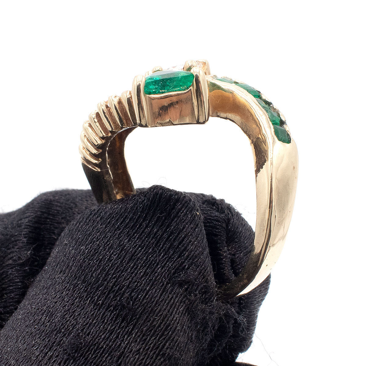 14k Yellow Gold Trillion Emerald & Diamond Overpass Ring