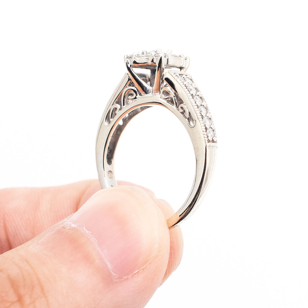 14k White Gold Round & Baguette Diamond Engagement Ring