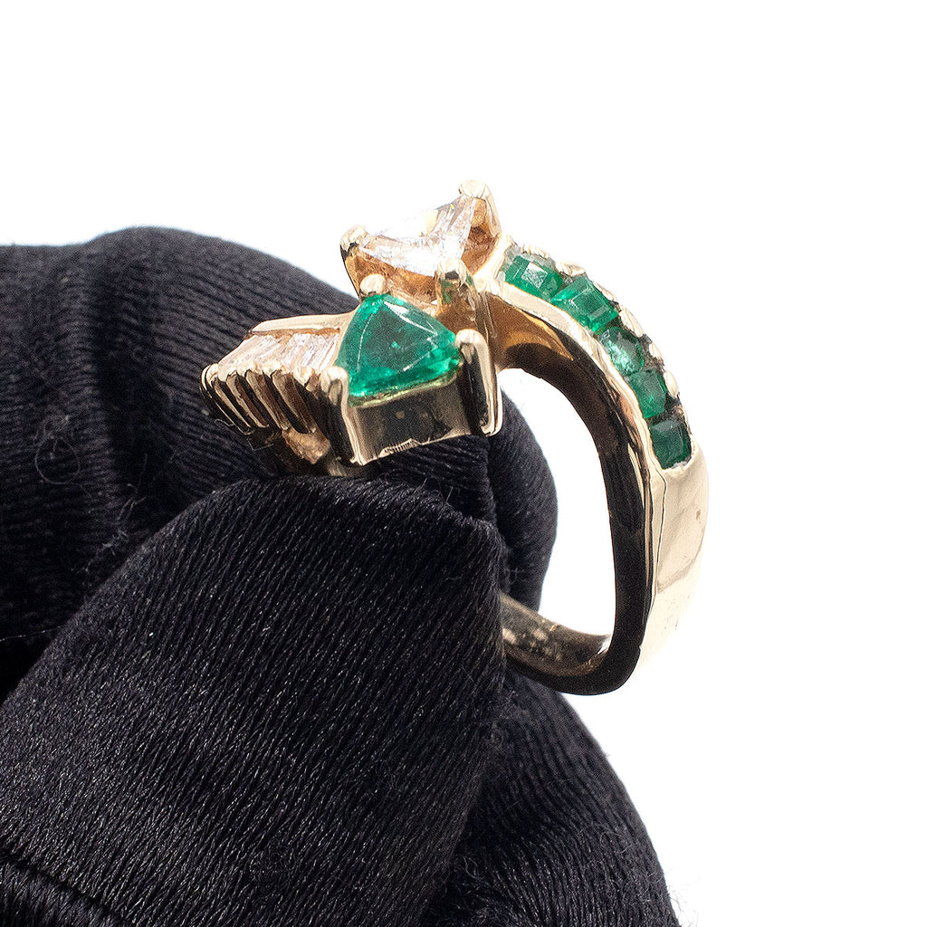 14k Yellow Gold Trillion Emerald & Diamond Overpass Ring