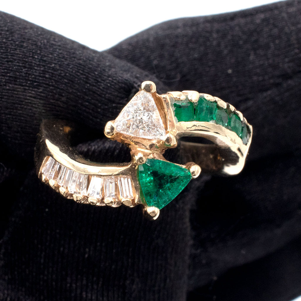 14k Yellow Gold Trillion Emerald & Diamond Overpass Ring