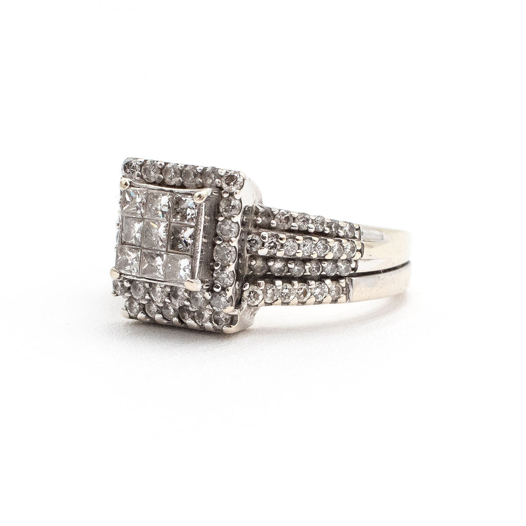 18k White Gold Cushion & Round Cut Pave Diamond Ring