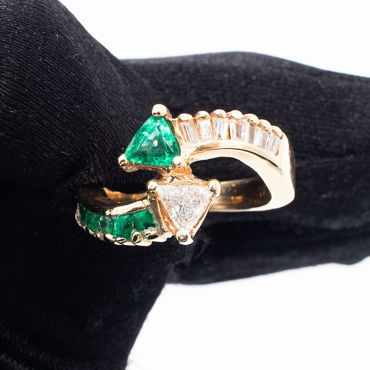 14k Yellow Gold Trillion Emerald & Diamond Overpass Ring