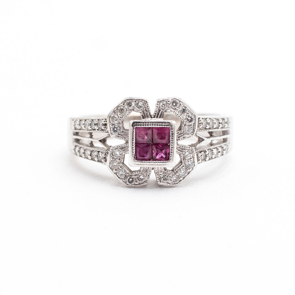 18k White Gold Ruby & Diamond Pave Clover Ring