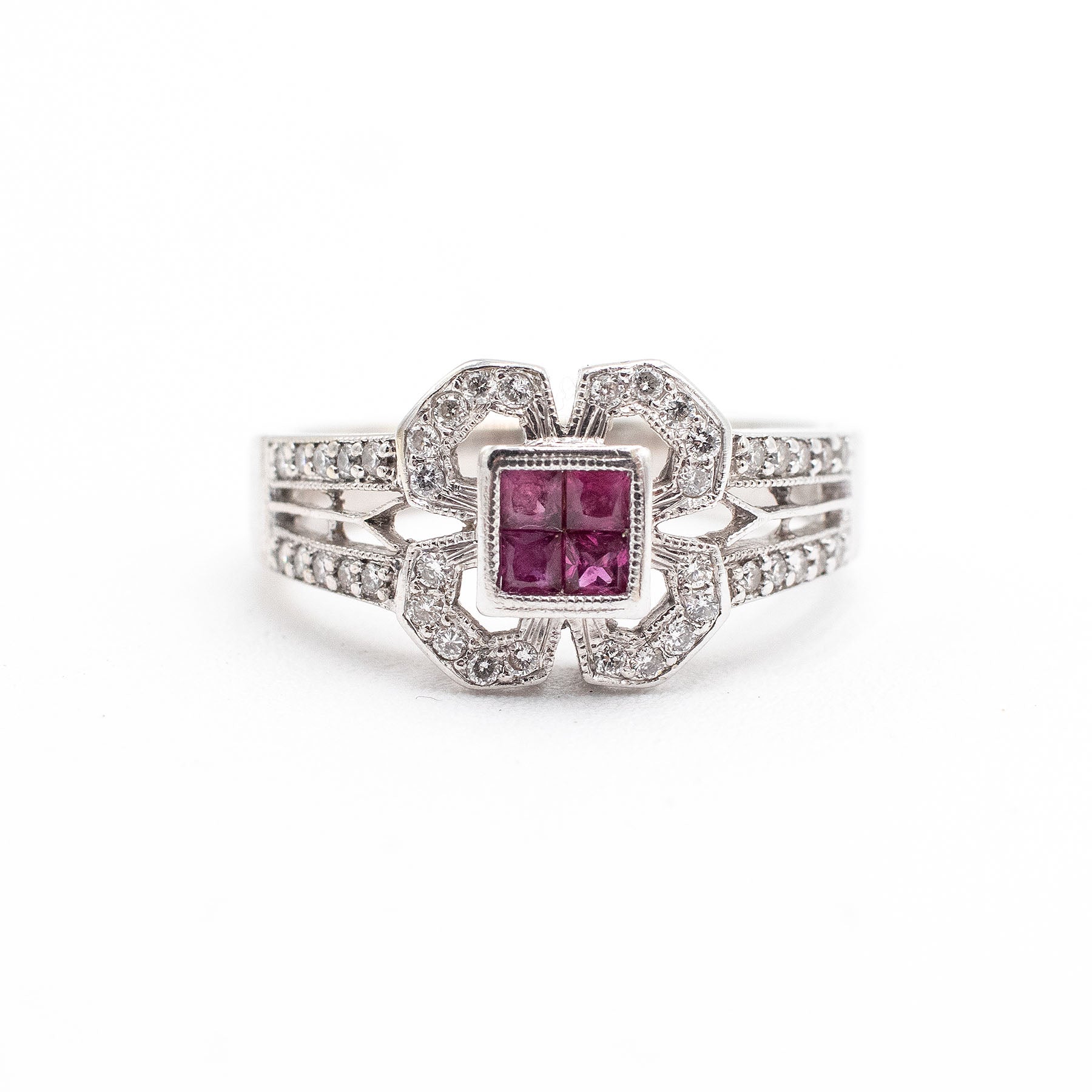 18k White Gold Ruby & Diamond Pave Clover Ring