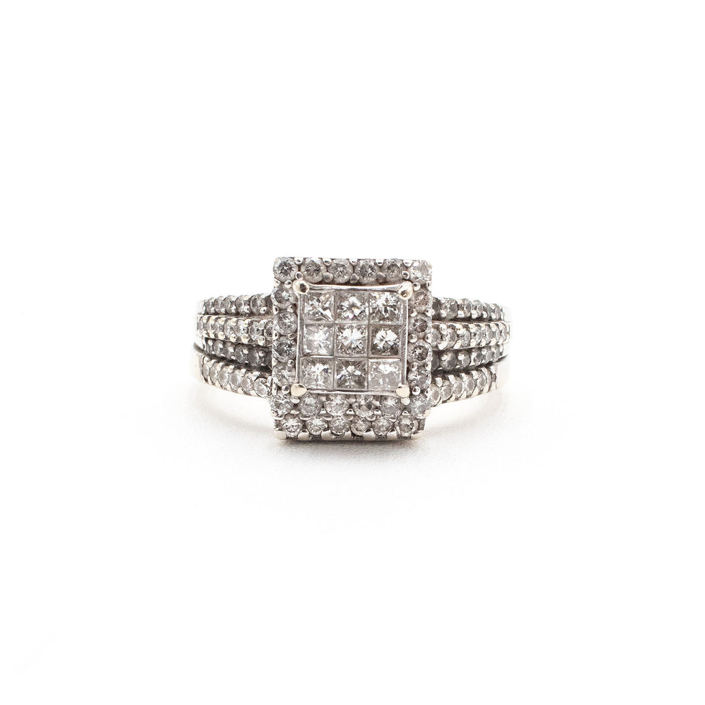 18k White Gold Cushion & Round Cut Pave Diamond Ring