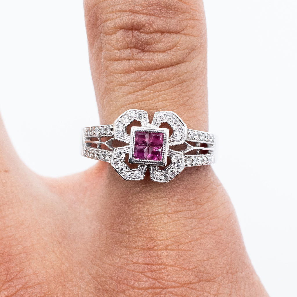 18k White Gold Ruby & Diamond Pave Clover Ring
