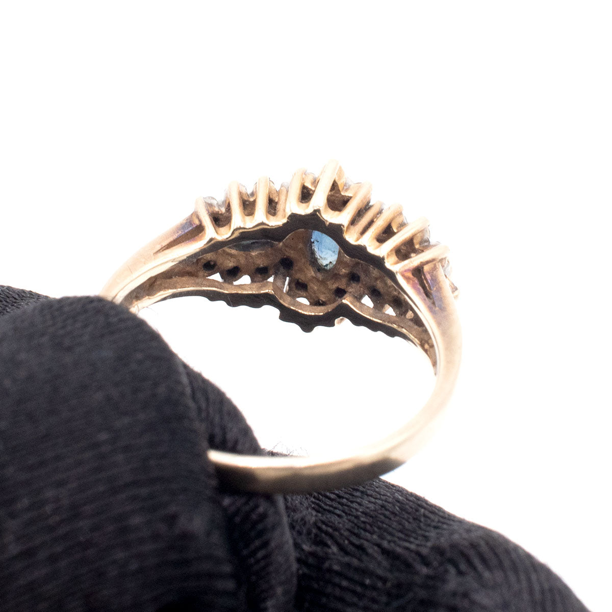 14k Yellow Gold Marquise Shaped Blue Three Gemstone Ring With Diamonds