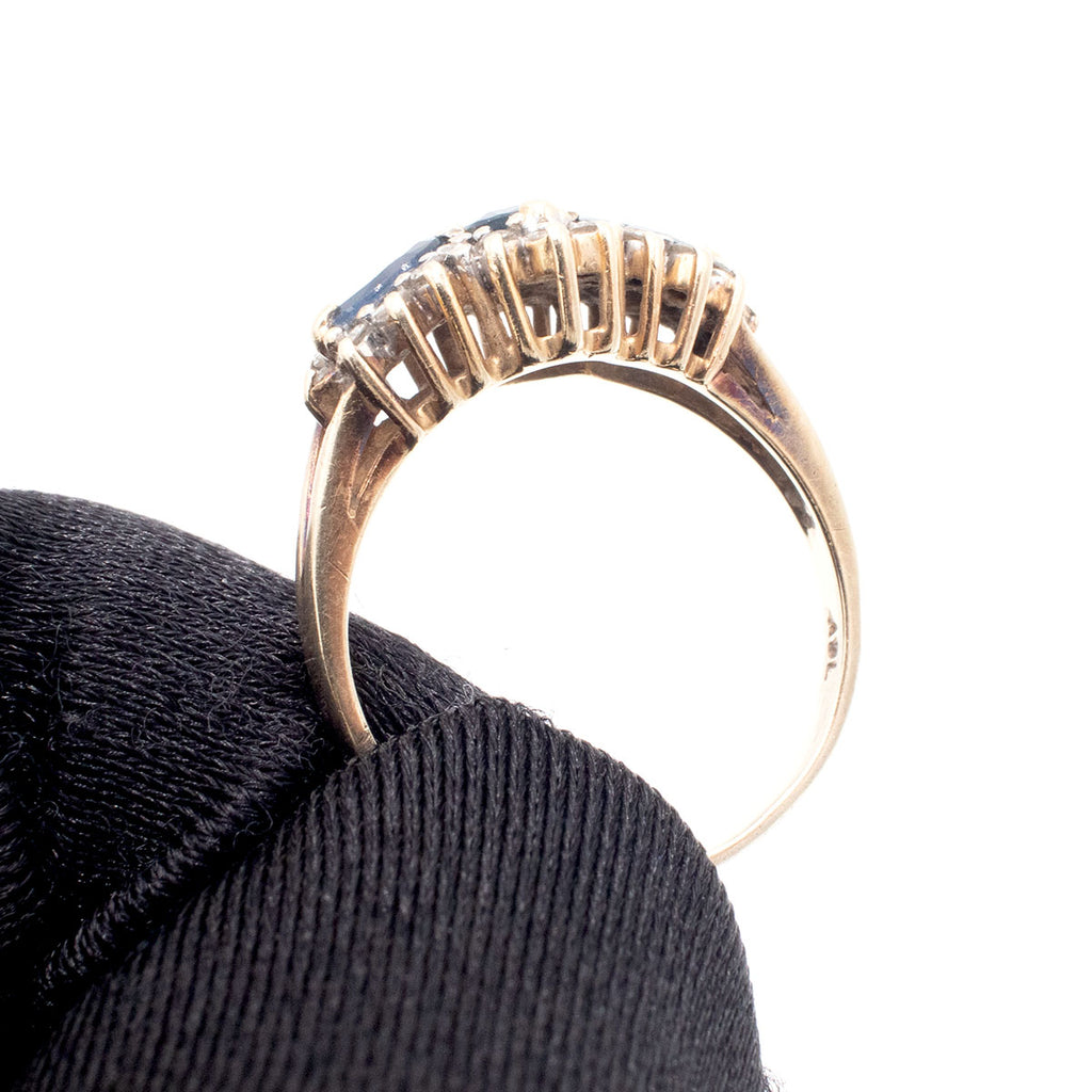 14k Yellow Gold Marquise Shaped Blue Three Gemstone Ring With Diamonds