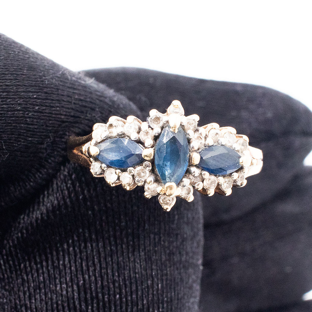 14k Yellow Gold Marquise Shaped Blue Three Gemstone Ring With Diamonds