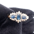 14k Yellow Gold Marquise Shaped Blue Three Gemstone Ring With Diamonds