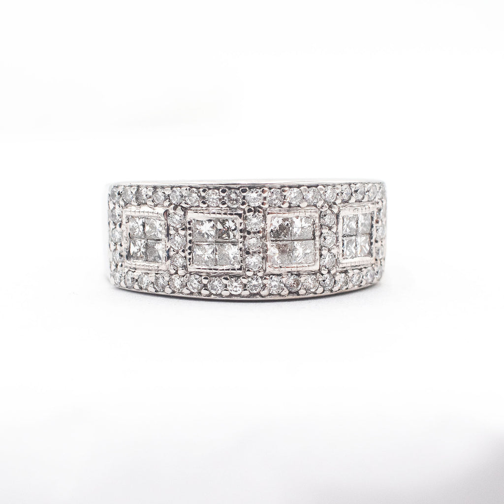 14k White Gold 1.50ctw Round & Princess Cut Diamond Pave Ring