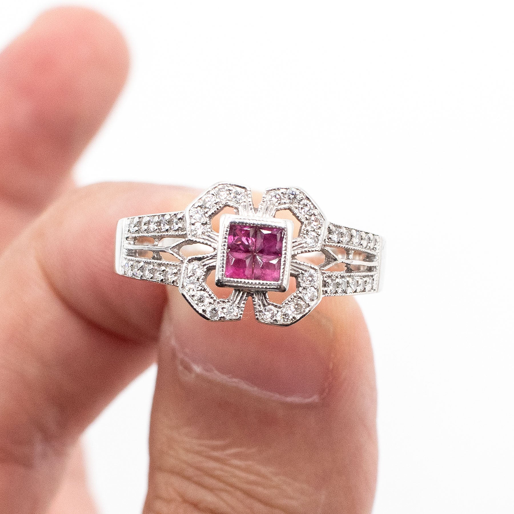 18k White Gold Ruby & Diamond Pave Clover Ring