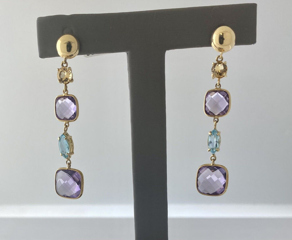 18kt Yellow Gold Amethyst, Blue Topaz And Citrine Drop Earring