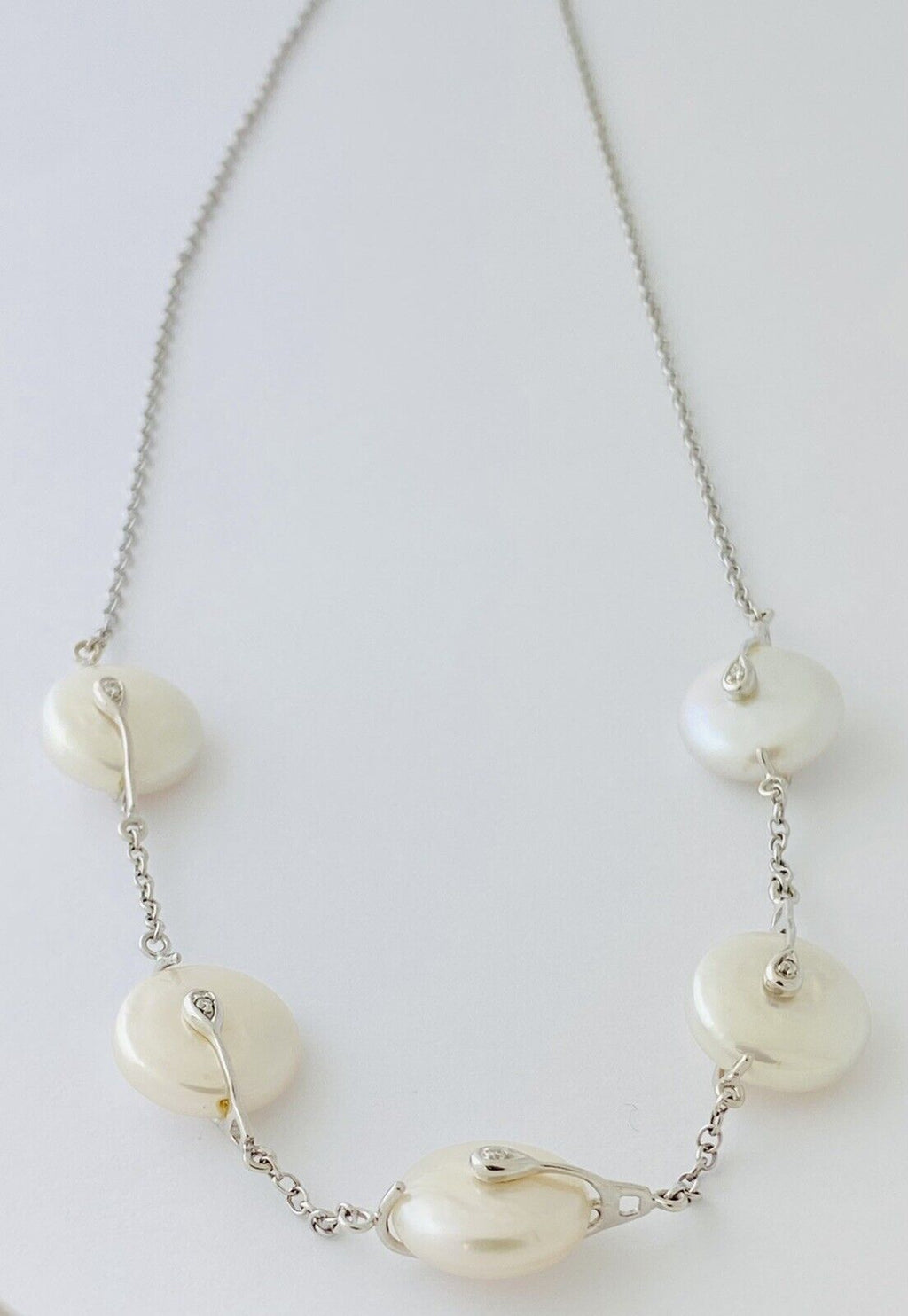 14kt White Gold Chain With 6 Mother of Pearls Stations