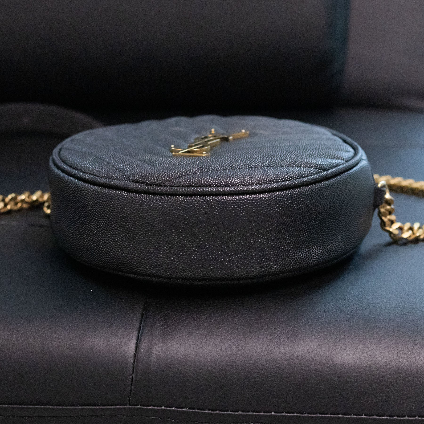 Saint Laurent Vinyle Round Matelasse Chevron Leather Camera Bag