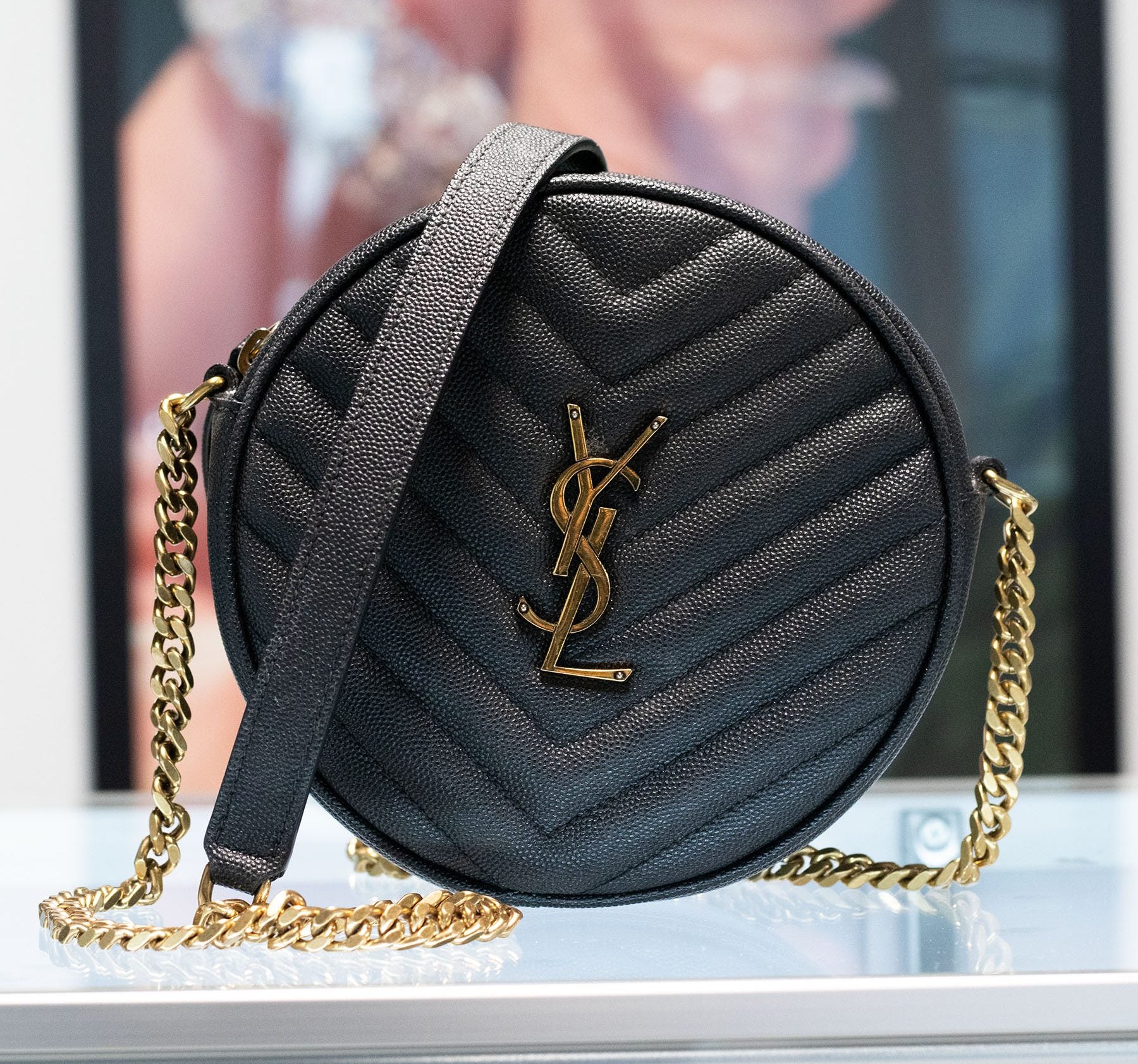 Saint Laurent Vinyle Round Matelasse Chevron Leather Camera Bag