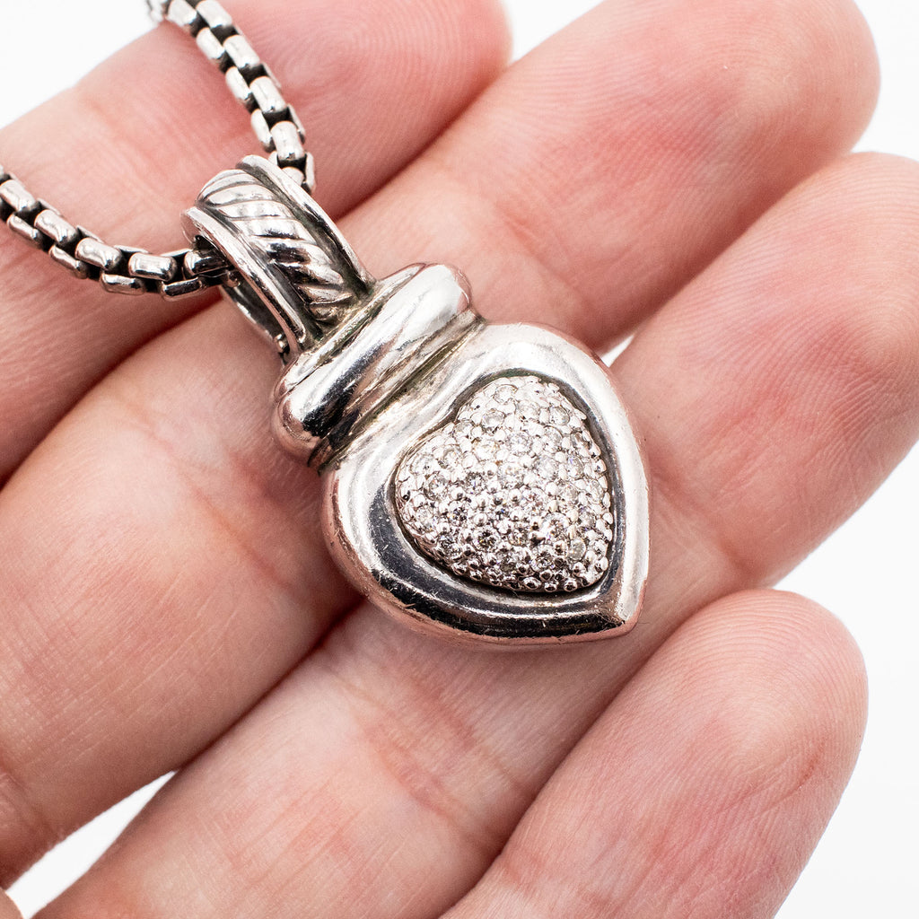 David Yurman Sterling Silver Diamond Heart Pendant Necklace