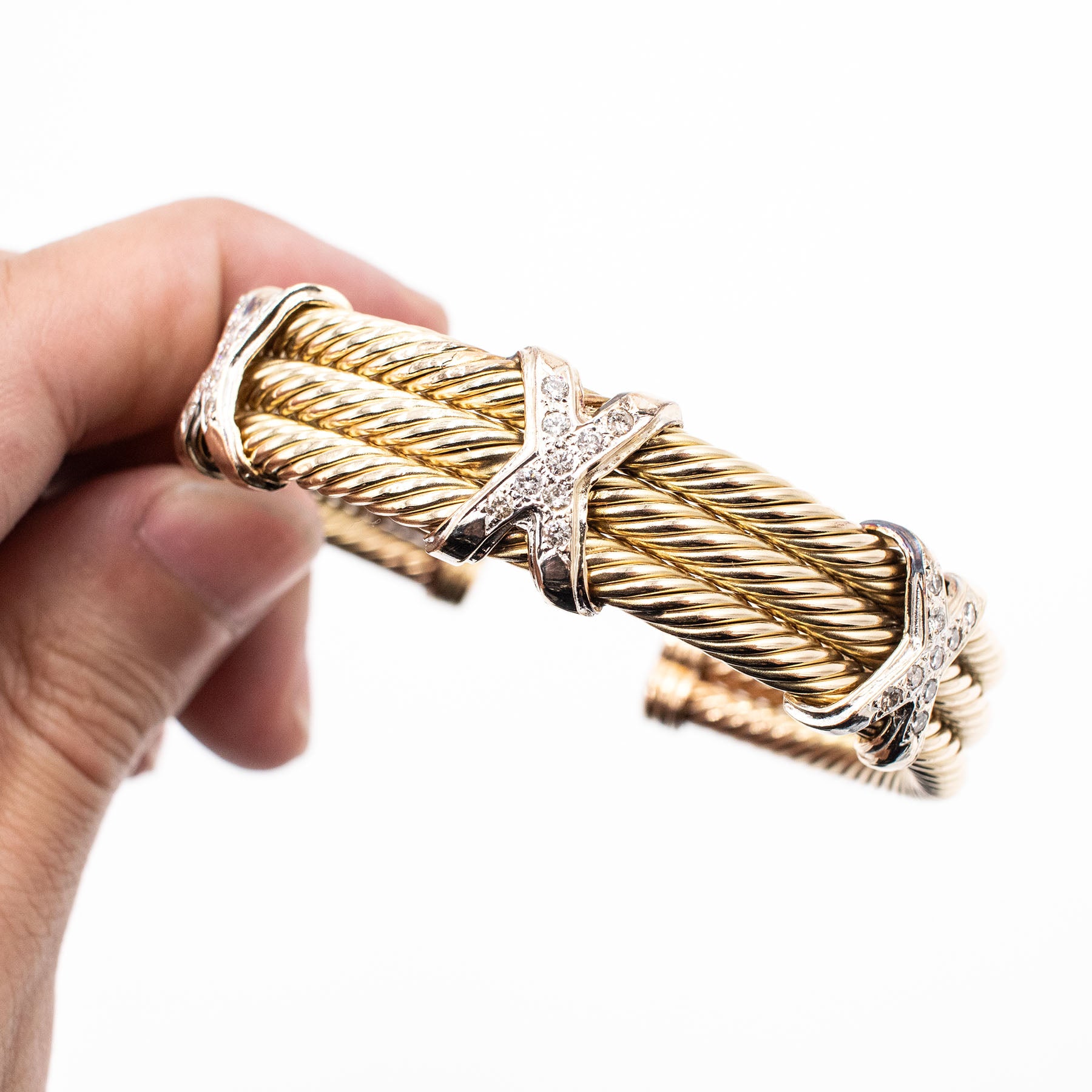 14k Yellow Gold Classic Cable Diamond X Bangle Bracelet