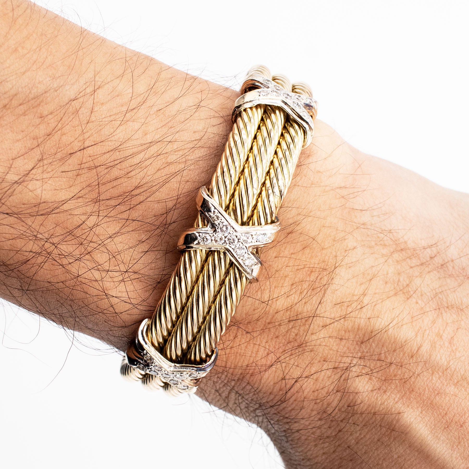 14k Yellow Gold Classic Cable Diamond X Bangle Bracelet