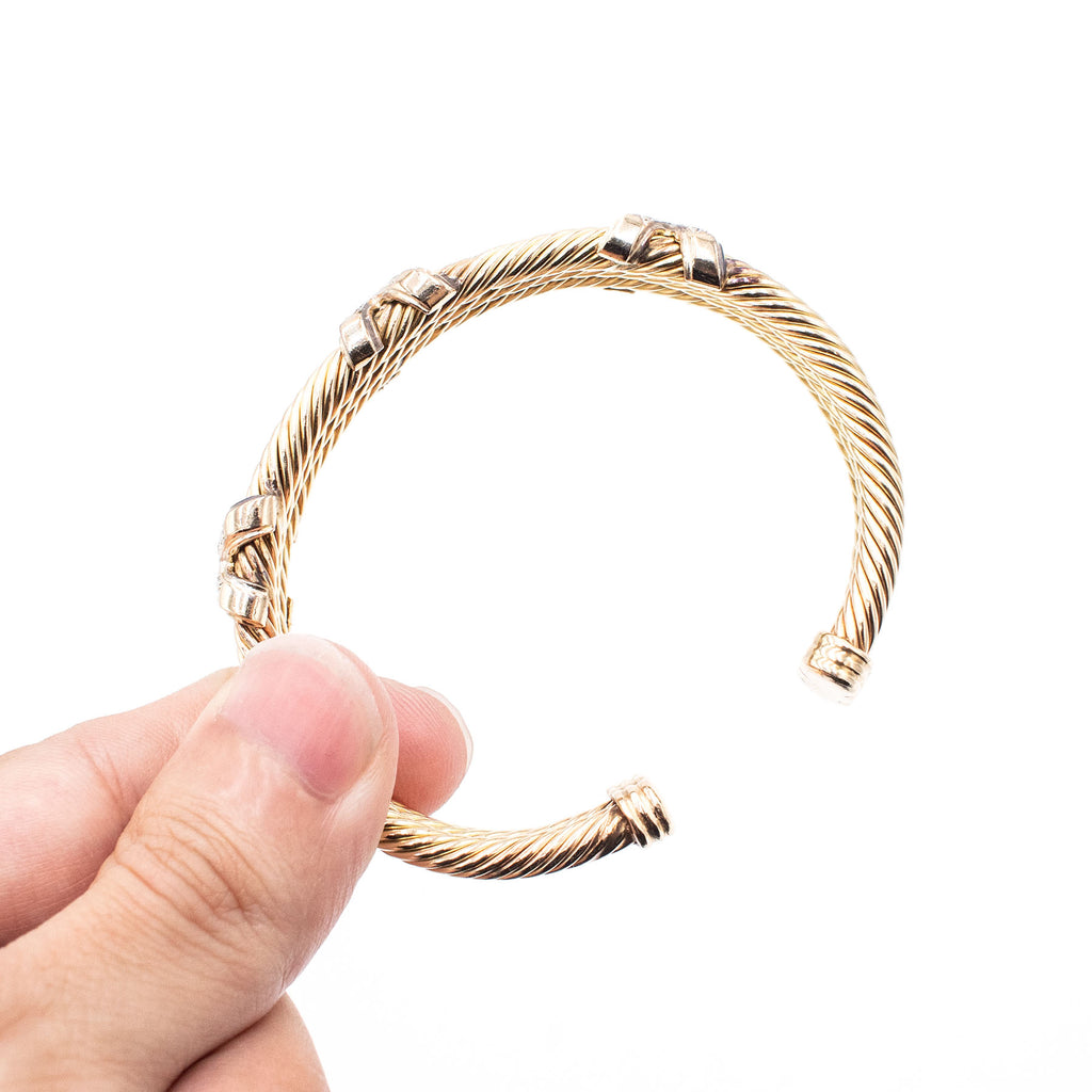 14k Yellow Gold Classic Cable Diamond X Bangle Bracelet