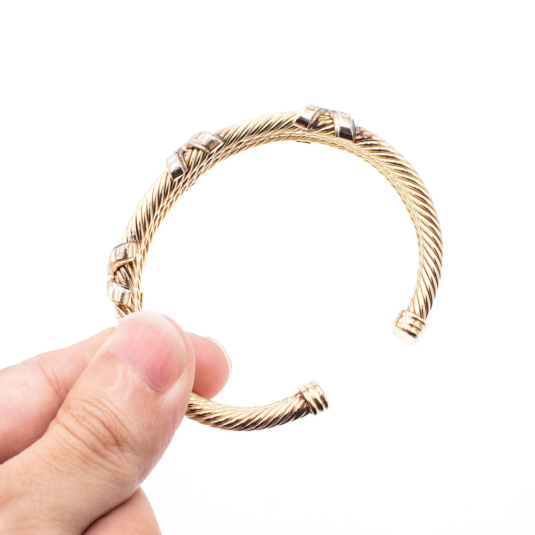 14k Yellow Gold Classic Cable Diamond X Bangle Bracelet